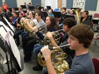2nd and 3rd from left, Tony Kollar and Maddi Finau play with the French Horns